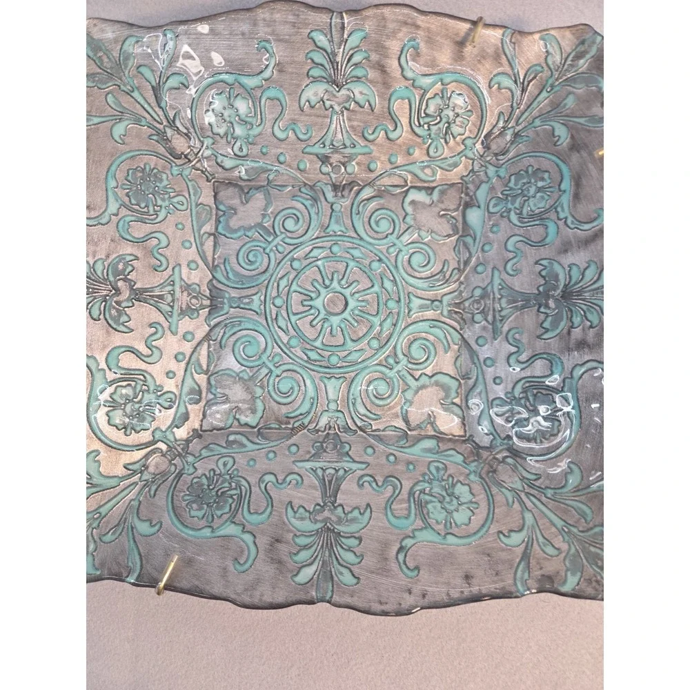 Vintage Turkish Art Glass Platter Square Reverse Painted Turquoise Silver 11